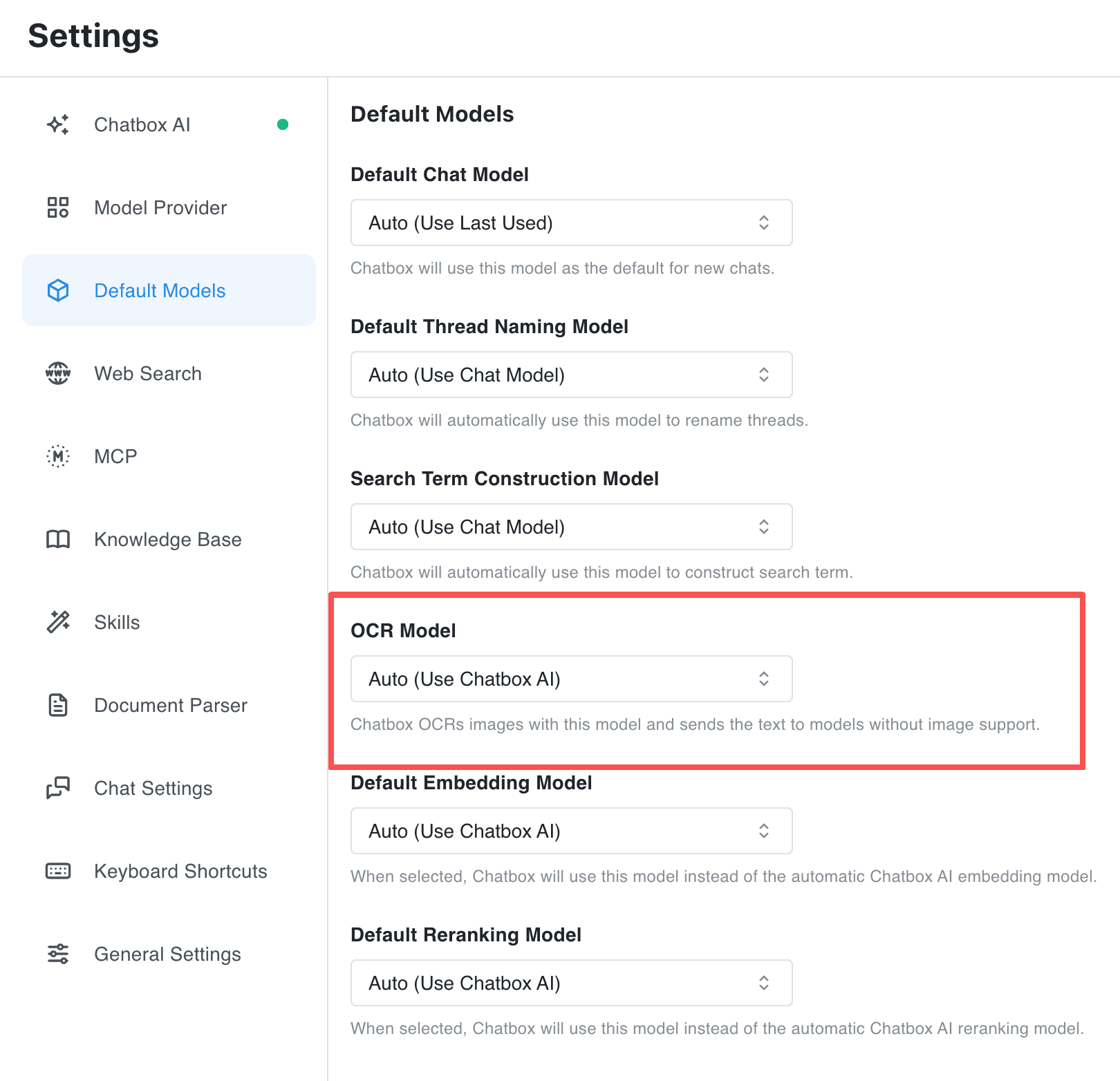 OCR model settings location